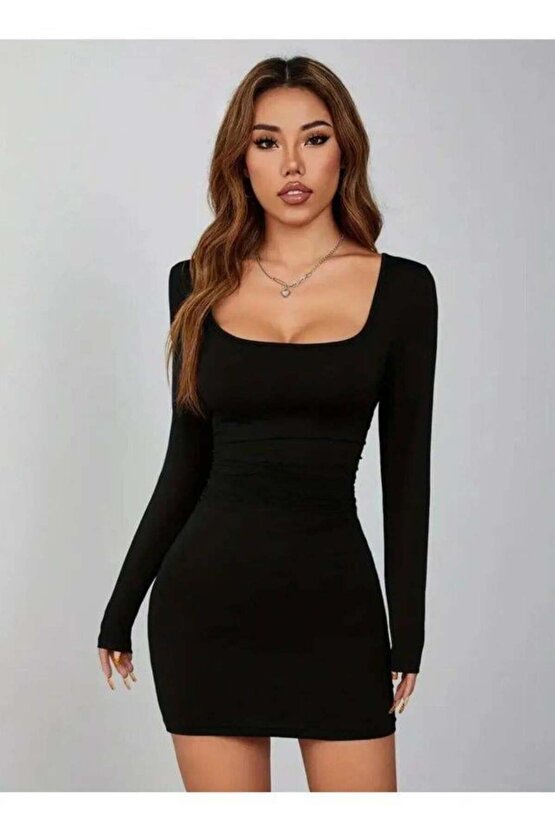 Siyah Kare Yaka Uzun Kollu Likralı Mini Elbise