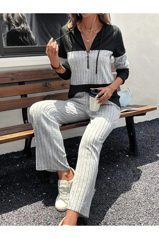 Kadın Uzun Kollu Kapşonlu önden Fermuarlı şardonlu Kaşkorse Bluz Ve Pantolon