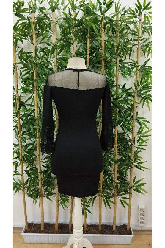 Kadın Uzun şeffaf şerit Kollu Madonna Yaka Vücudu Saran Dalgıç Kısa Elbise