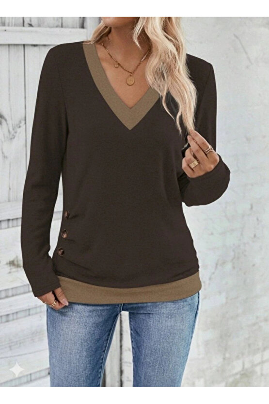 MDB Kadın Uzun Kollu V Yakalı Yandan Düğmeli Yün Viskon Bluz
