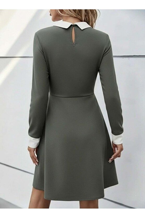 Kadın Uzun Kollu Yakalı Düğmeli çağla Yeşili Modal Mini Elbise