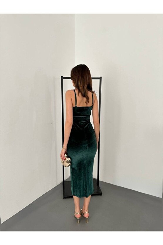 Kadınomuz Askılı Sırt Dekolteli Yırtmaç Detay Midi Boy Elbise Yırtmaç Detay Midi Boy El