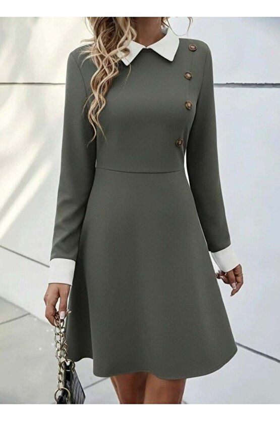 Kadın Uzun Kollu Yakalı Düğmeli çağla Yeşili Modal Mini Elbise