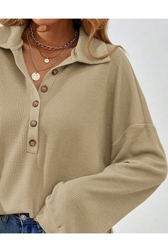 Kadın Uzun Kollu Yakalı Düğmeli Salaş Waffle Bluz
