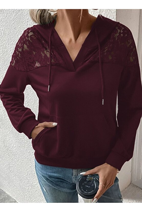 Kadın Uzun Kollu Kapşonlu Bağcıklı Dantelli Viskon Iki Iplik Bluz