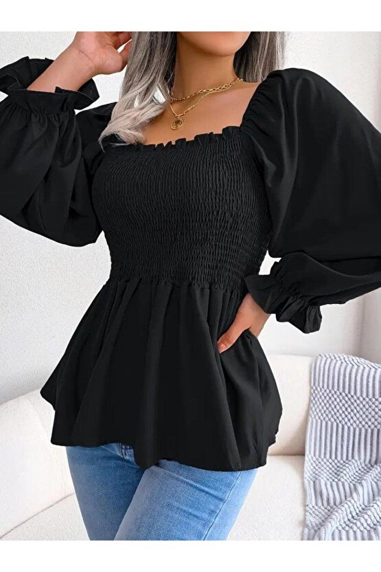 Kadın Uzun Kollu Geometrik Yakalı Gipe Detaylı Krep Bluz