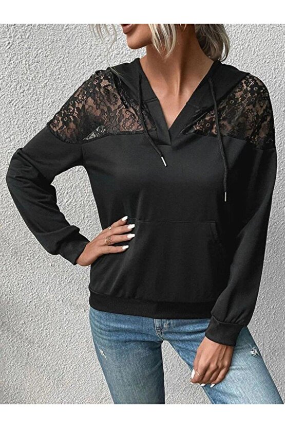 Kadın Uzun Kollu Kapşonlu Bağcıklı Dantelli Viskon Iki Iplik Bluz