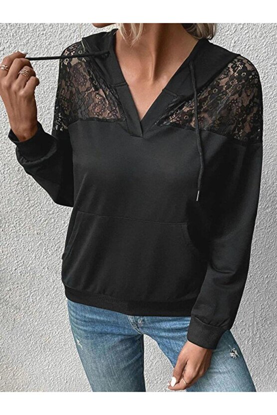 Kadın Uzun Kollu Kapşonlu Bağcıklı Dantelli Viskon Iki Iplik Bluz