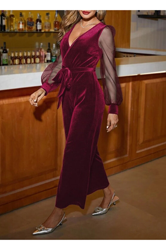 MDB Kadın Uzun Kollu Kruvaze Yakalı Belden Kuşaklı Tül Detaylı Kadife Tulum