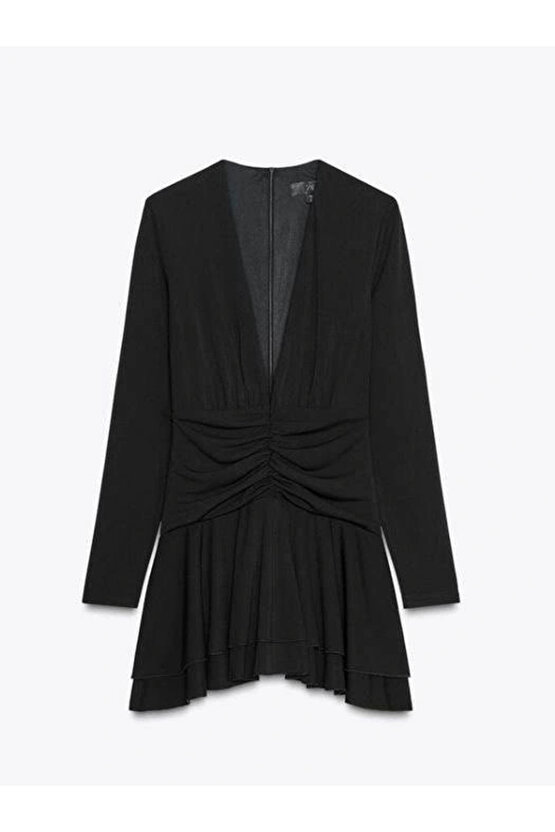 Kadın Uzun Kollu Derin V Dekolte Ve Ek Volan Detay Toparlayıcı şortlu Elbise