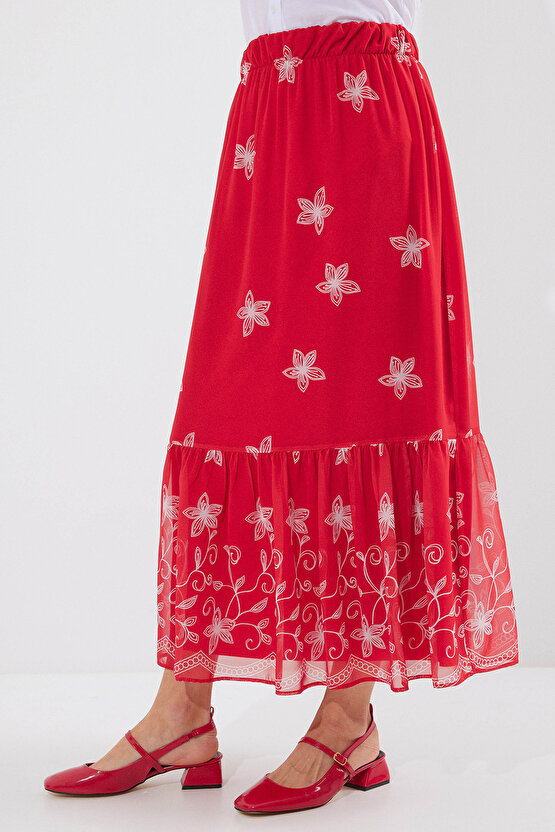 8010 Desenli Şifon Etek - A.Kırmızı