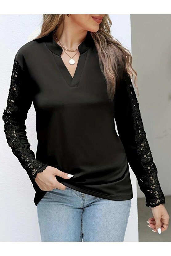 Kadın Uzun Kollu Hakim Yaka Kolları Dantel Detaylı Ithal Krep Bluz