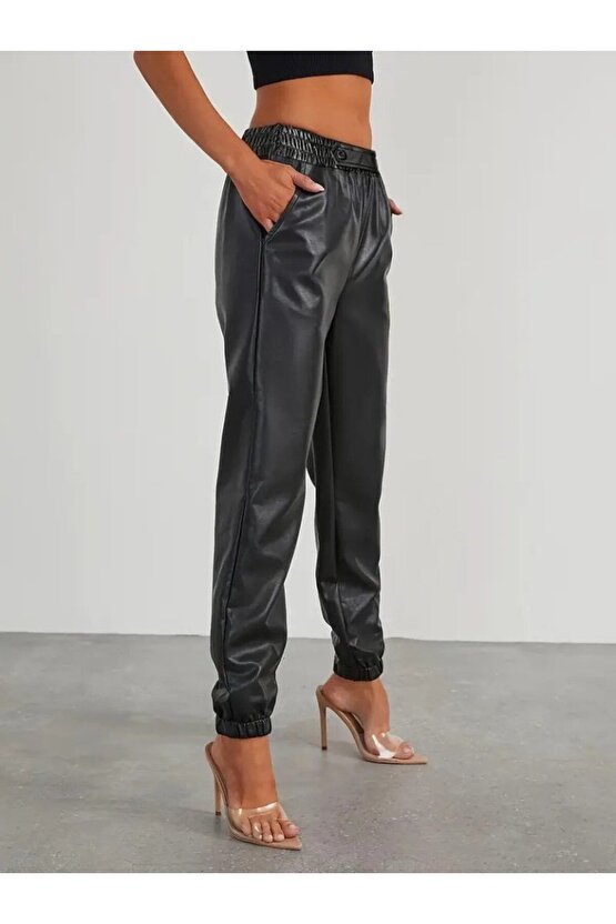 Kadın Yüksek Bel Lastikli önü Düğmeli Deri Pantolon