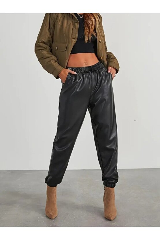 Kadın Yüksek Bel Lastikli önü Düğmeli Deri Pantolon