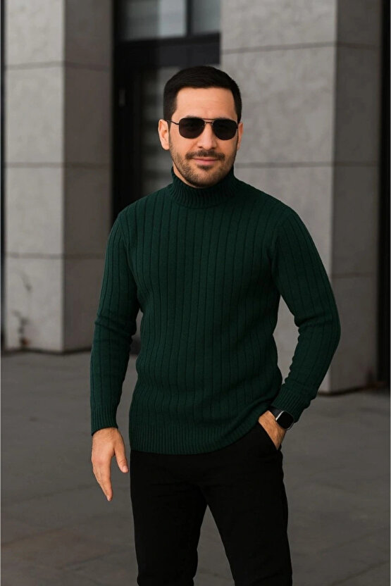 Erkek Fitilli Triko Kazak 2li Set Gri Siyah Regular Balıkcı Yaka Tam Boğazlı Triko Seti Modeli Kaza