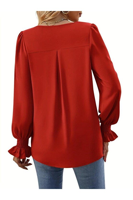 Kadın Uzun Kollu V Yakalı Salaş Ithal Krep Bluz
