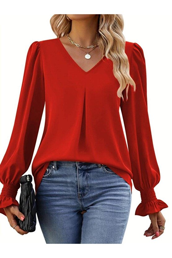 Kadın Uzun Kollu V Yakalı Salaş Ithal Krep Bluz