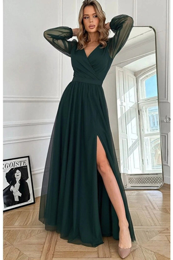 Kadın Uzun Kollu Kruvaze Yakalı Belden Kuşaklı Tüllü Uzun Ithal Krep Elbise