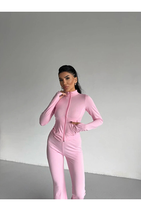 Kadın Balıkçı Yaka Cep Detaylı Ceket Ve Ispanyol Paça Spor Ikili Takım