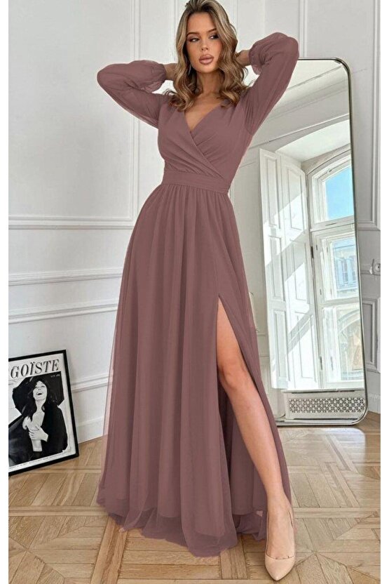 Kadın Uzun Kollu Kruvaze Yakalı Belden Kuşaklı Tüllü Uzun Ithal Krep Elbise