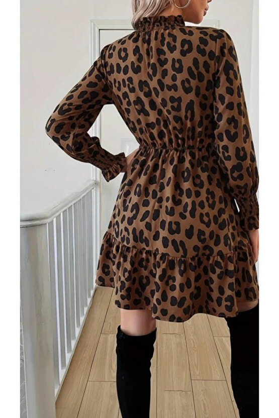 MDB Kadın Uzun Kollu Yarı Balıkçı Yaka Leopar Desenli Modal Mini Elbise