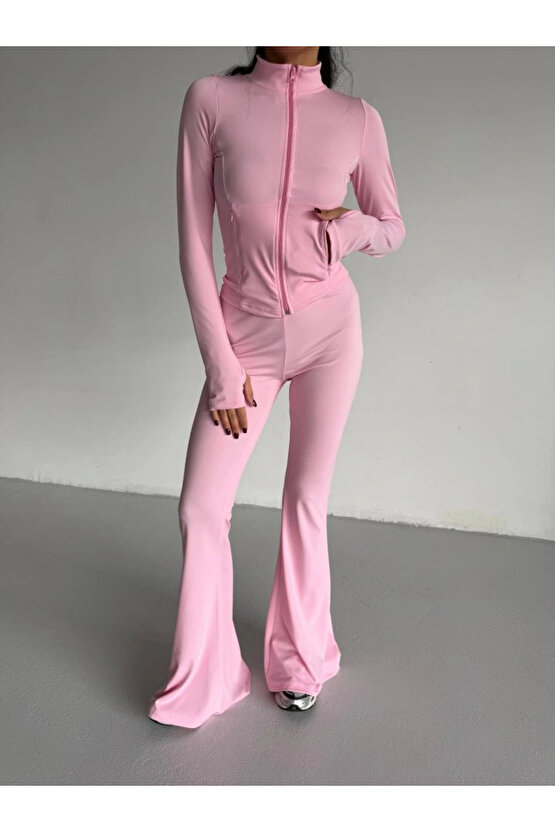 Kadın Balıkçı Yaka Cep Detaylı Ceket Ve Ispanyol Paça Spor Ikili Takım