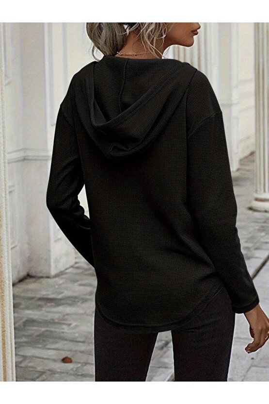 Kadın Uzun Kollu V Yakalı Kapşonlu Waffle Bluz