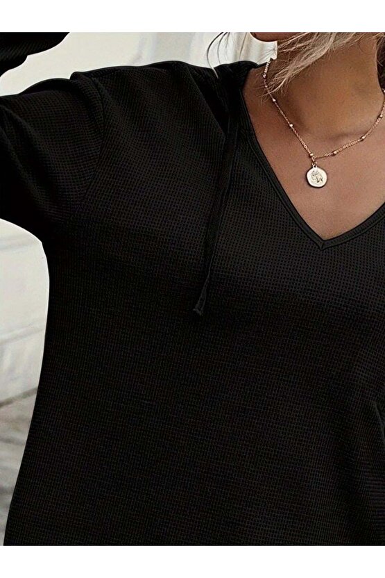 Kadın Uzun Kollu V Yakalı Kapşonlu Waffle Bluz