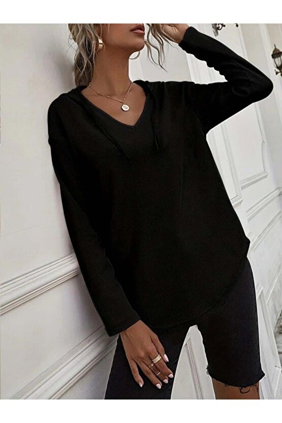 Kadın Uzun Kollu V Yakalı Kapşonlu Waffle Bluz