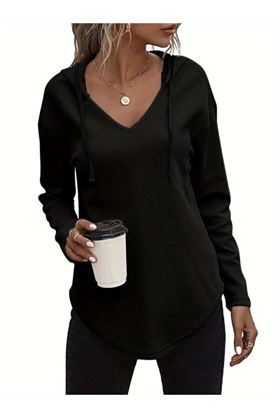 Kadın Uzun Kollu V Yakalı Kapşonlu Waffle Bluz