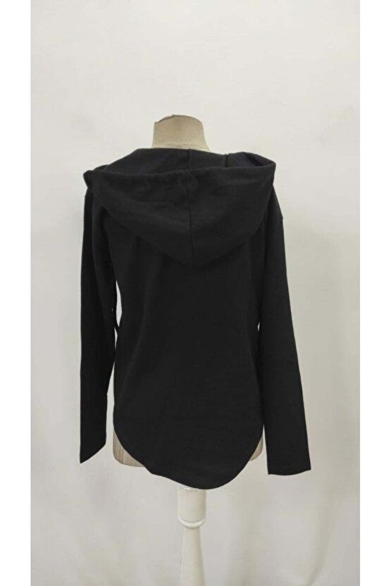 Kadın Uzun Kollu V Yakalı Kapşonlu Waffle Bluz