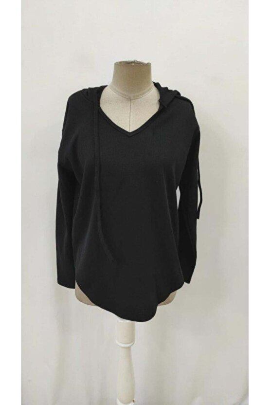 Kadın Uzun Kollu V Yakalı Kapşonlu Waffle Bluz