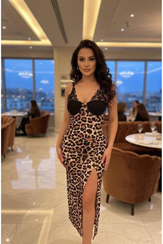 Kadın Dantel Detay Omuz Askılı Leopar Desen Maxi Yırtmaçlı Gloplu Elbise