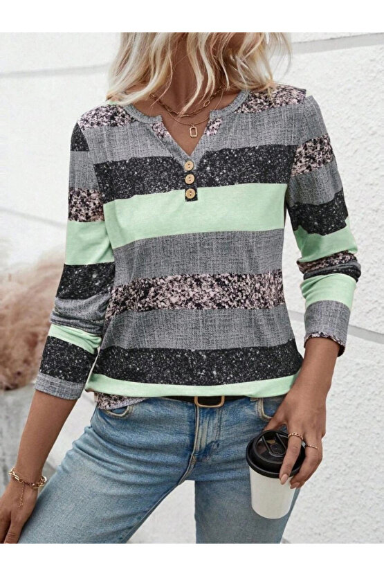 MDB Kadın Uzun Kollu Yakadan Düğmeli çizgili Desenli Süprem Bluz