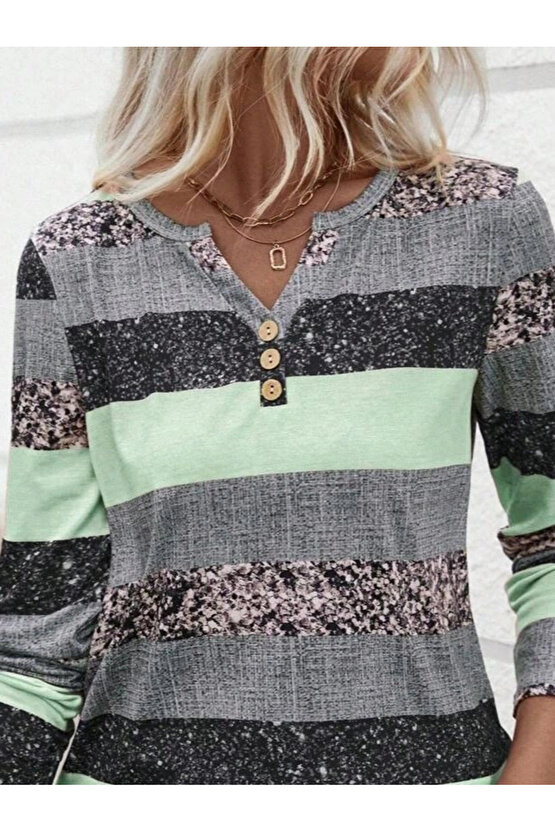 MDB Kadın Uzun Kollu Yakadan Düğmeli çizgili Desenli Süprem Bluz