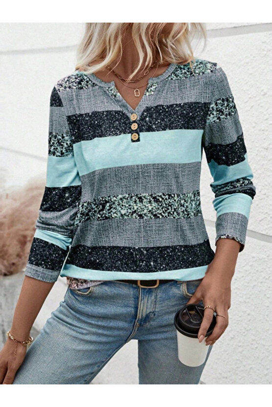 MDB Kadın Uzun Kollu Yakadan Düğmeli çizgili Desenli Süprem Bluz