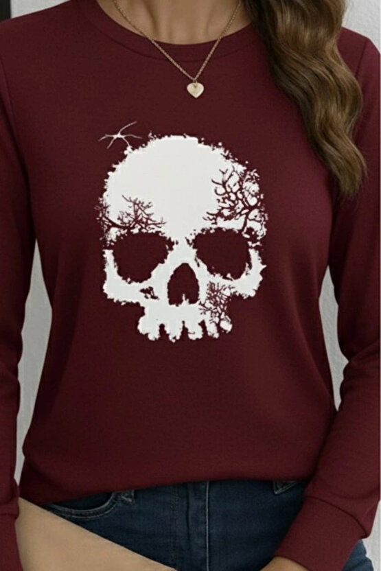 Kadın Uzun Kollu Bisiklet Yaka Kurukafa Desenli Viskon Bluz