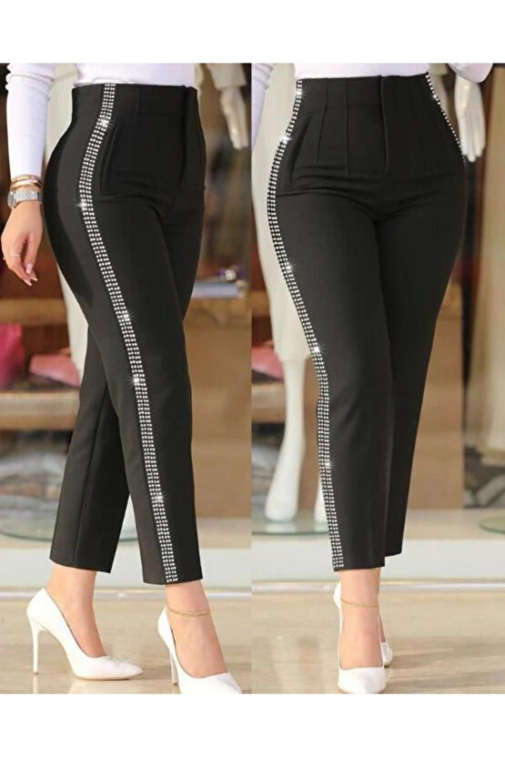 MDB Kadın Yüksek Bel Yanlardan Taş Detaylı Ithal Krep Pantolon