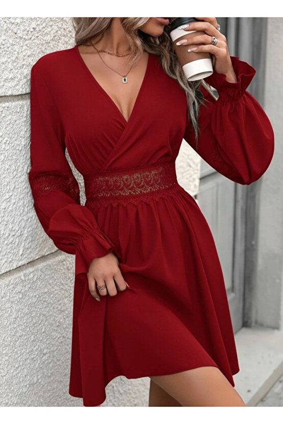 MDB Kadın Uzun Kollu Kruvaze Yakalı Dantelli Fermuar Detaylı Mini Ithal Krep Elbise