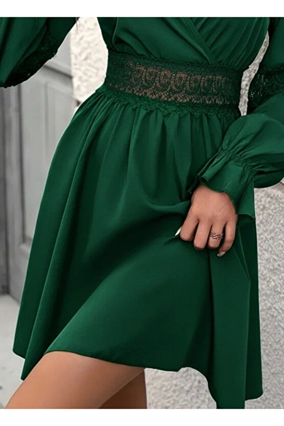 Kadın Uzun Kollu Kruvaze Yakalı Dantelli Fermuar Detaylı Mini Ithal Krep Elbise