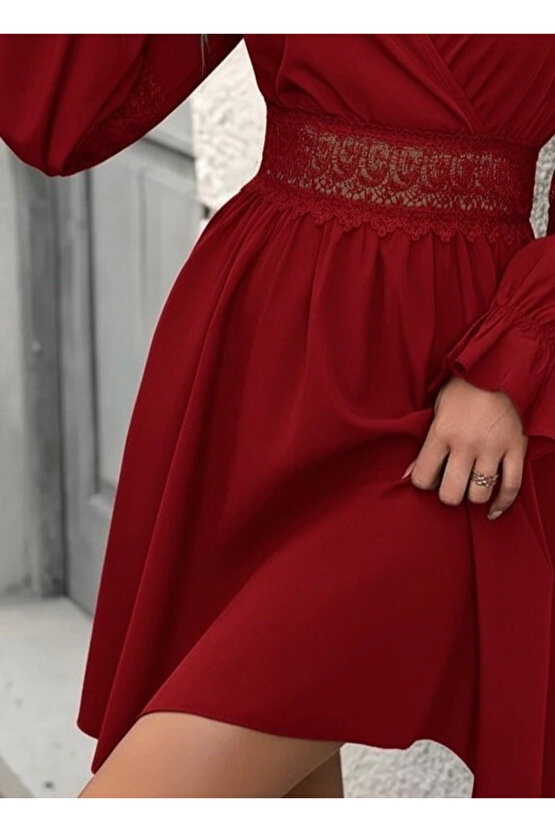 MDB Kadın Uzun Kollu Kruvaze Yakalı Dantelli Fermuar Detaylı Mini Ithal Krep Elbise