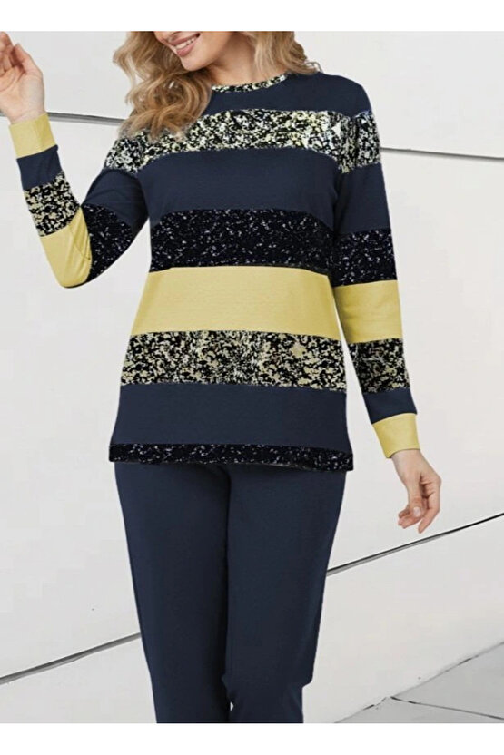 Kadın Uzun Kollu Bisiklet Yaka çizgili Desen Iki Iplik Bluz Ve Pantolon Ikili Takım