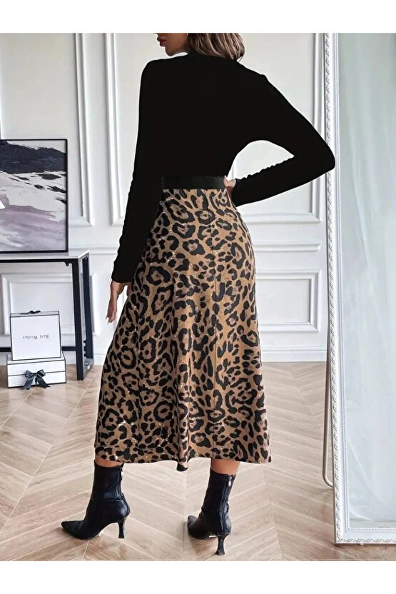 MDB Kadın Uzun Kollu Bisiklet Yaka Ithal Krep Bluz Alt Desenli Modal Midi Elbise