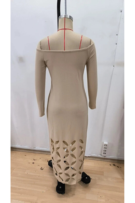 MDB Kadın Madonna Yaka Uzun Kollu Lazer çiçek Kesim Detaylı Uzun Ithal Krep Elbise