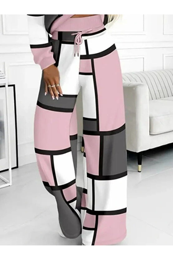 MDB Kadın Uzun Kollu Kapşonlu Bağcıklı Desenli Iki Iplik Bluz Ve Pantolon Ikili Takım