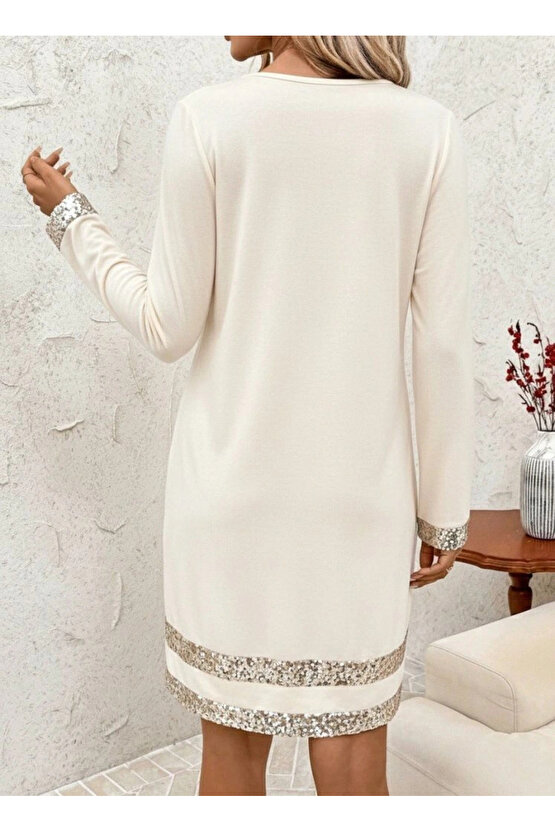 Kadın Uzun Kollu Bisiklet Yaka Mini Ithal Krep Elbise