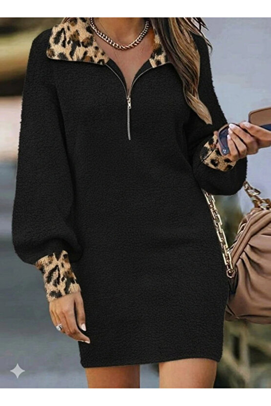 MDB Kadın Uzun Kollu Yakalı önden Fermuarlı Leopar Detaylı Mini Peluş Elbise