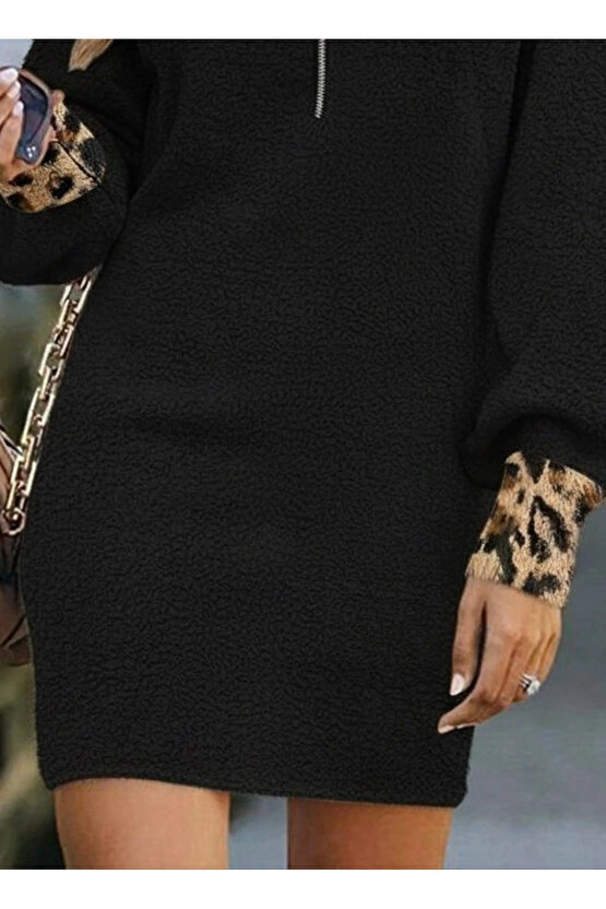 MDB Kadın Uzun Kollu Yakalı önden Fermuarlı Leopar Detaylı Mini Peluş Elbise