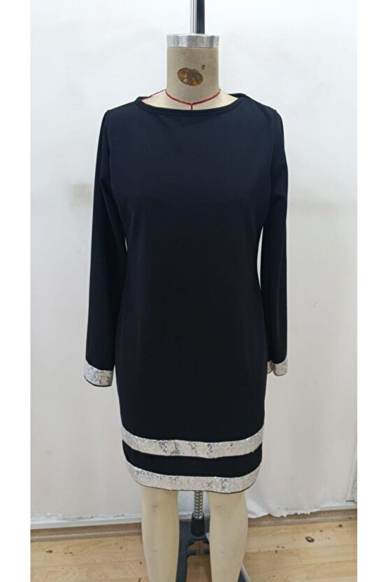 Kadın Uzun Kollu Bisiklet Yaka Mini Ithal Krep Elbise