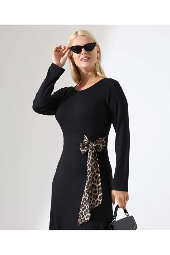 Kadın Bisiklet Yaka Leopar Fiyonk Detay Maxi Boy Elbise